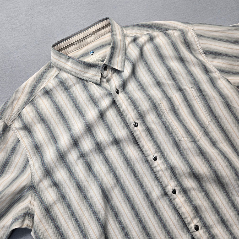 Kuhl Mens XXL Short Sleeve Button Down Shirt Striped Gray Tan Styl 7566 gorpcore